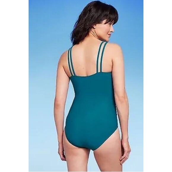 Women's UPF 50 Double Strap Asymmetrical One Piece Swimsuit Aqua Green 17 NWT - Picture 3 of 7